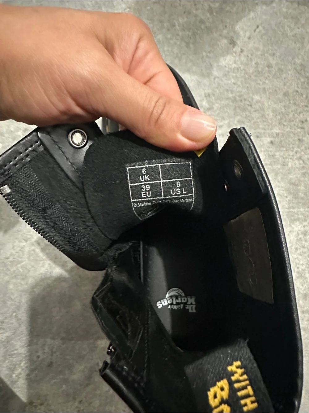 Dr. Martens Black Leather Lace-Up Buckle Combat Boots with Yellow Stitching - Picture 3 of 4